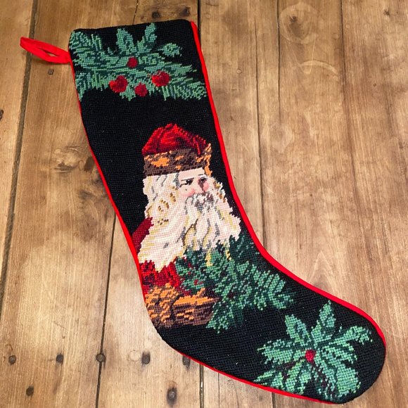 Vintage Needlepoint Christmas Stocking OLD WORLD SANTA - Picture 2 of 7